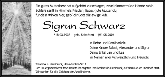 Traueranzeige von Sigrun Schwarz von Hersbrucker Zeitung Lokal