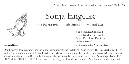 Traueranzeige von Sonja Engelke von Pegnitz-Zeitung