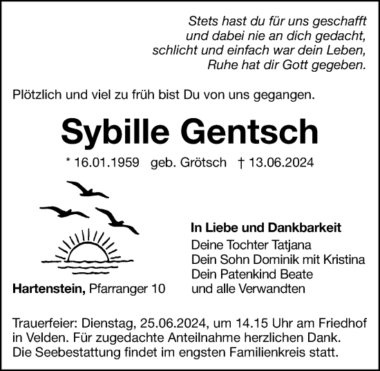 Traueranzeige von Sybille Gentsch von Hersbrucker Zeitung Lokal