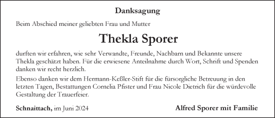Traueranzeige von Thekla Sporer von Pegnitz-Zeitung