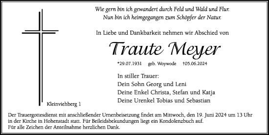 Traueranzeige von Traute Meyer von Hersbrucker Zeitung Lokal
