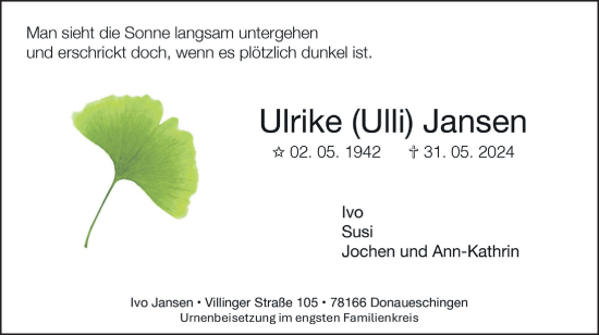 Traueranzeige von Ulrike Jansen von Hersbrucker Zeitung Lokal