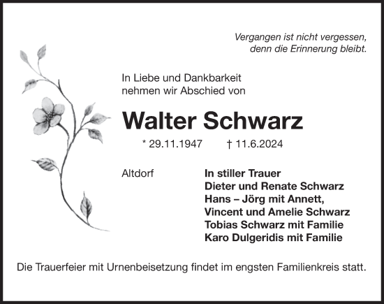 Traueranzeige von Walter Schwarz von Der Bote