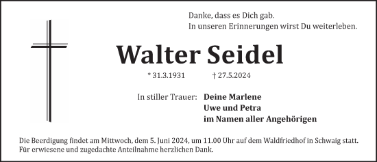 Traueranzeige von Walter Seidel von Pegnitz-Zeitung