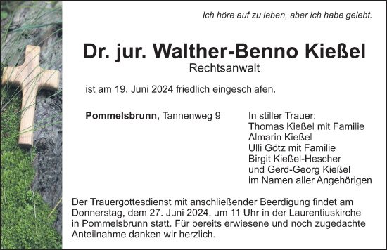 Traueranzeige von Walther-Benno Kießel von Hersbrucker Zeitung Lokal