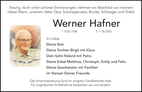Traueranzeige von Werner Hafner von Hersbrucker Zeitung Lokal
