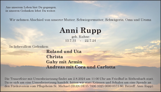 Traueranzeige von Anni Rupp von Pegnitz-Zeitung