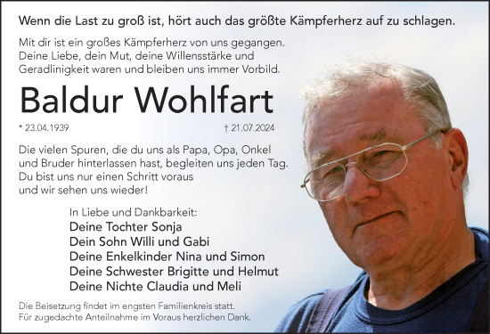 Traueranzeige von Baldur Wohlfart von Pegnitz-Zeitung