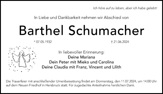 Traueranzeige von Barthel Schumacher von Hersbrucker Zeitung Lokal