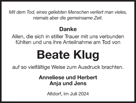 Traueranzeige von Beate Klug von Der Bote