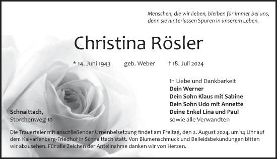 Traueranzeige von Christina Rösler von Pegnitz-Zeitung