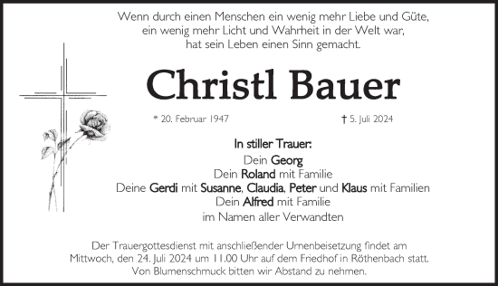 Traueranzeige von Christl Bauer von Pegnitz-Zeitung