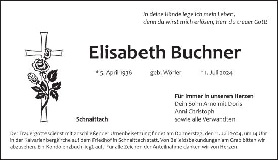 Traueranzeige von Elisabeth Buchner von Pegnitz-Zeitung