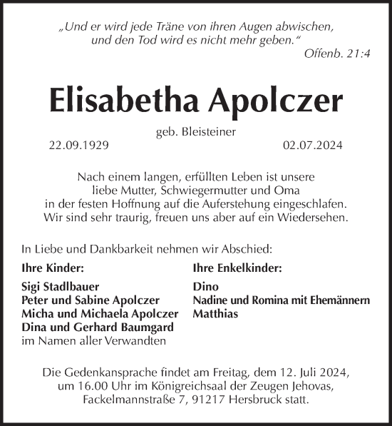 Traueranzeige von Elisabetha Apolczer von Pegnitz-Zeitung