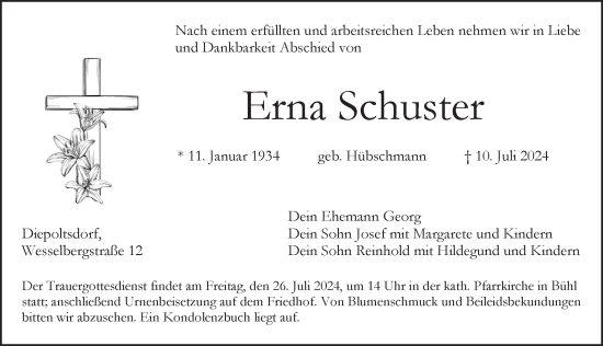 Traueranzeige von Erna Schuster von Pegnitz-Zeitung