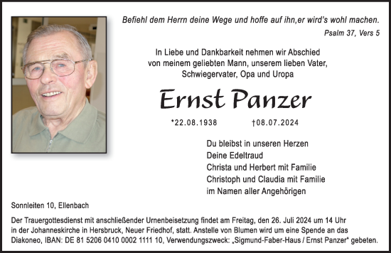 Traueranzeige von Ernst Panzer von Hersbrucker Zeitung Lokal