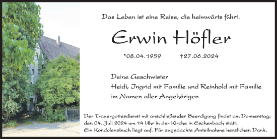 Traueranzeige von Erwin Höfler von Hersbrucker Zeitung Lokal