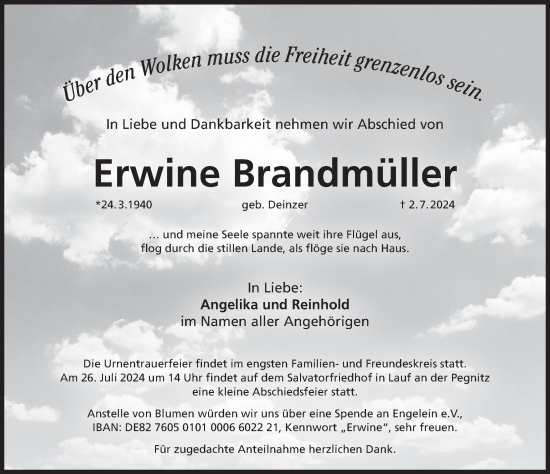 Traueranzeige von Erwine Brandmüller von Pegnitz-Zeitung