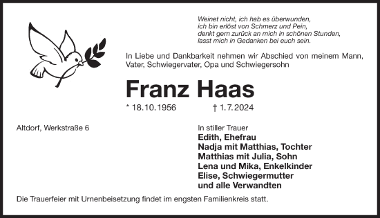 Traueranzeige von Franz Haas von Der Bote
