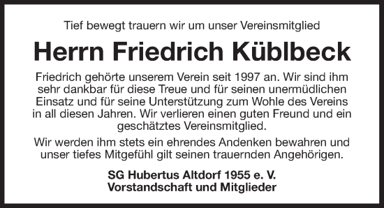 Traueranzeige von Friedrich Küblbeck von Der Bote