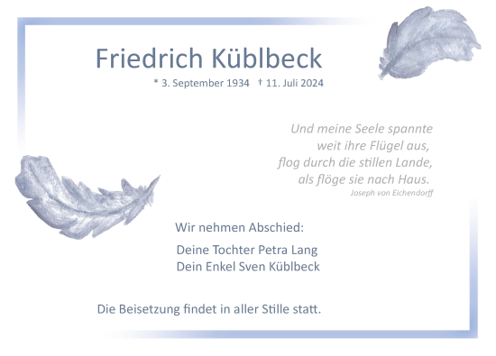 Traueranzeige von Friedrich Küblbeck von Der Bote