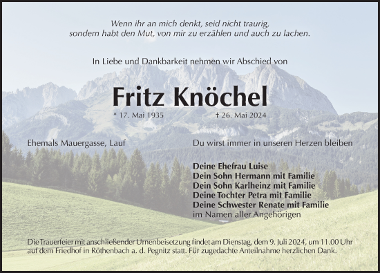 Traueranzeige von Fritz Knöchel von Pegnitz-Zeitung