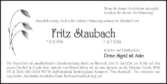 Traueranzeige von Fritz Staubach von Der Bote