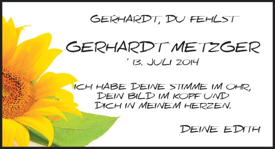 Traueranzeige von Gerhardt Metzger von Pegnitz-Zeitung