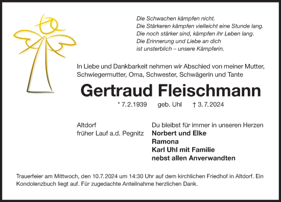 Traueranzeige von Gertraud Fleischmann von Pegnitz-Zeitung