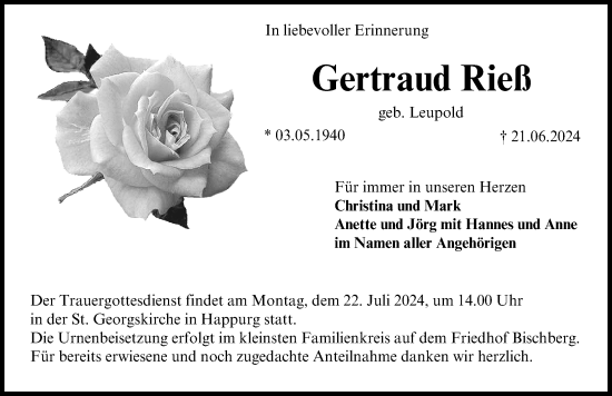 Traueranzeige von Gertraud Rieß von Hersbrucker Zeitung Lokal