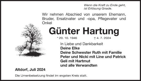 Traueranzeige von Günter Hartung von Der Bote