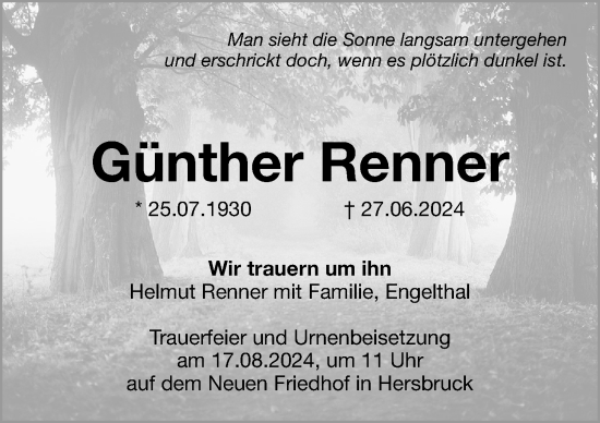 Traueranzeige von Günther Renner von Hersbrucker Zeitung Lokal