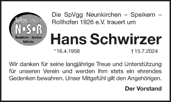 Traueranzeige von Hans Schwirzer von Pegnitz-Zeitung