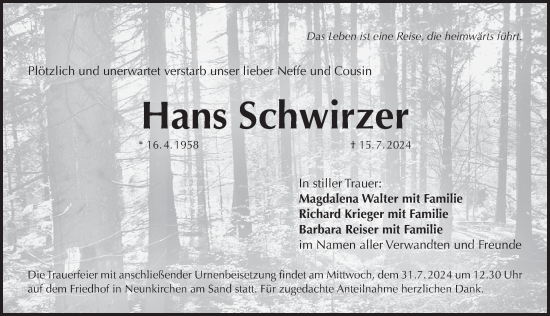 Traueranzeige von Hans Schwirzer von Pegnitz-Zeitung