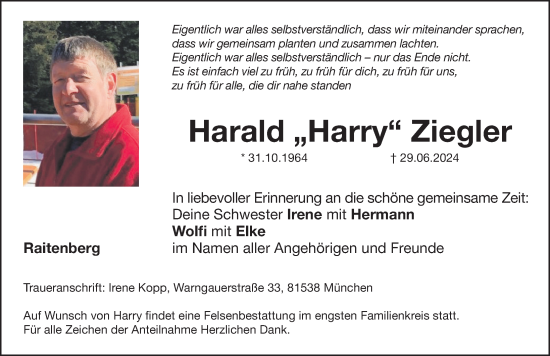 Traueranzeige von Harald  Ziegler von Hersbrucker Zeitung Lokal