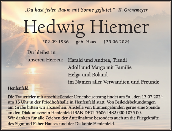 Traueranzeige von Hedwig Hiemer von Hersbrucker Zeitung Lokal