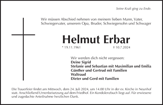 Traueranzeige von Helmut Erbar von Pegnitz-Zeitung