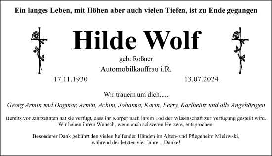 Traueranzeige von Hilde Wolf von Hersbrucker Zeitung Lokal