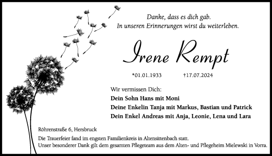 Traueranzeige von Irene Rempt von Hersbrucker Zeitung Lokal