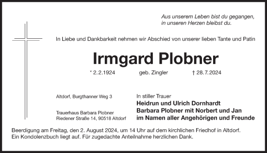 Traueranzeige von Irmgard Plobner von Der Bote