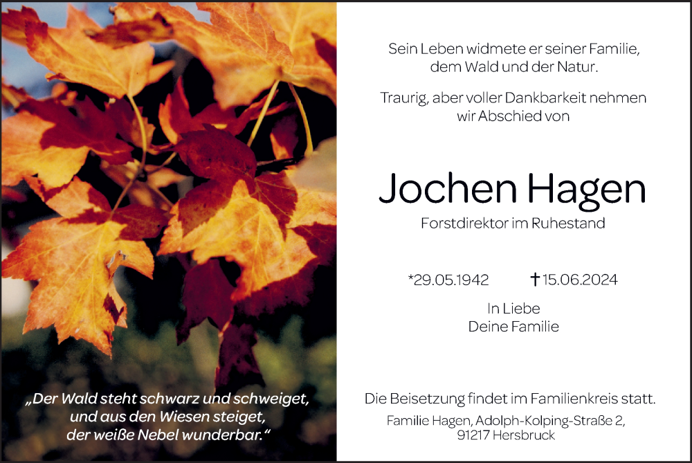  Traueranzeige für Jochen Hagen vom 13.07.2024 aus Hersbrucker Zeitung Lokal