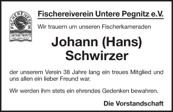 Traueranzeige von Johann Schwirzer von Pegnitz-Zeitung
