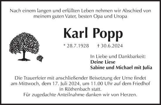 Traueranzeige von Karl Popp von Pegnitz-Zeitung