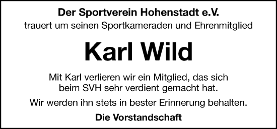 Traueranzeige von Karl Wild von Hersbrucker Zeitung Lokal