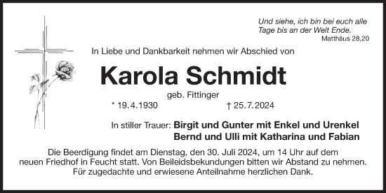 Traueranzeige von Karola Schmidt von Der Bote