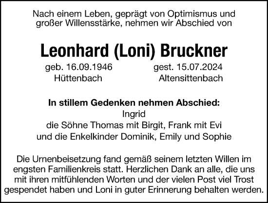 Traueranzeige von Leonhard Bruckner von Hersbrucker Zeitung Lokal