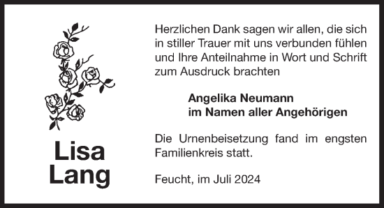 Traueranzeige von Lisa Lang von Der Bote