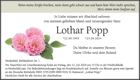 Traueranzeige von Lothar Popp von Hersbrucker Zeitung Lokal