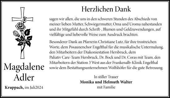 Traueranzeige von Magdalena Adler von Hersbrucker Zeitung Lokal
