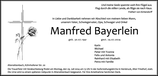 Traueranzeige von Manfred Bayerlein von Hersbrucker Zeitung Lokal
